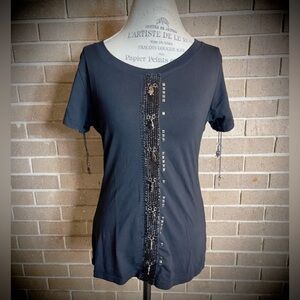 Christian Audigier Extravagant Embellished Black Body Con Short Sleeve top